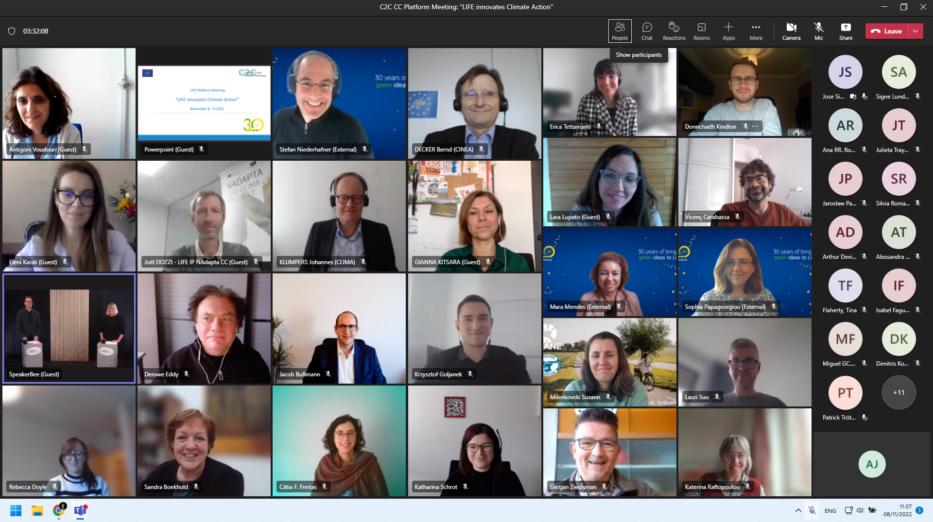 Skærmklip af alle deltagere, som deltog i platformmødet